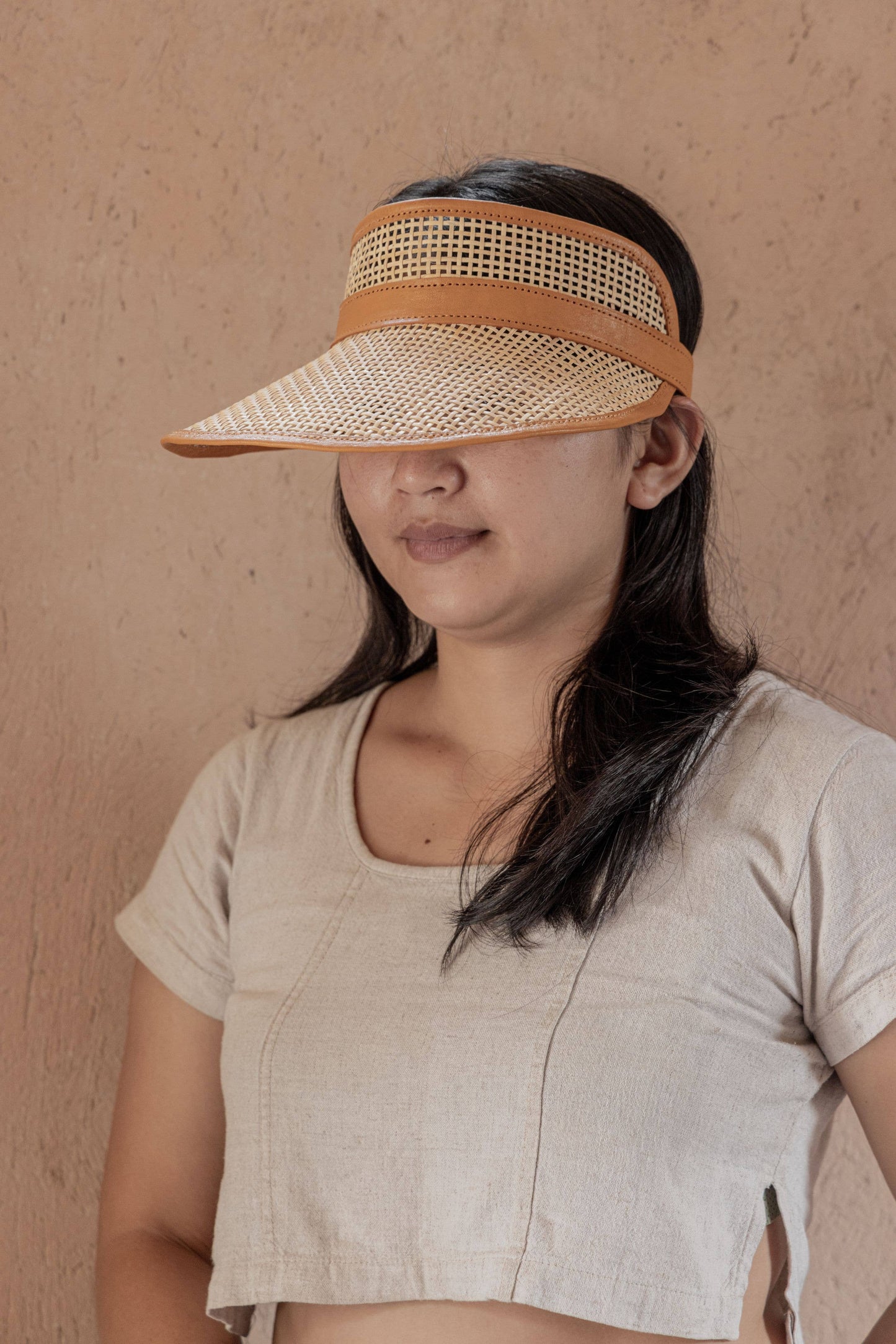 Village Thrive Sumi Leather and Rattan Sun Visor - Camel