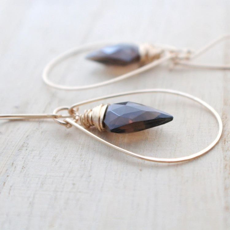 Saressa Designs Rose Gold Arrow Hoops - Smoky Quartz