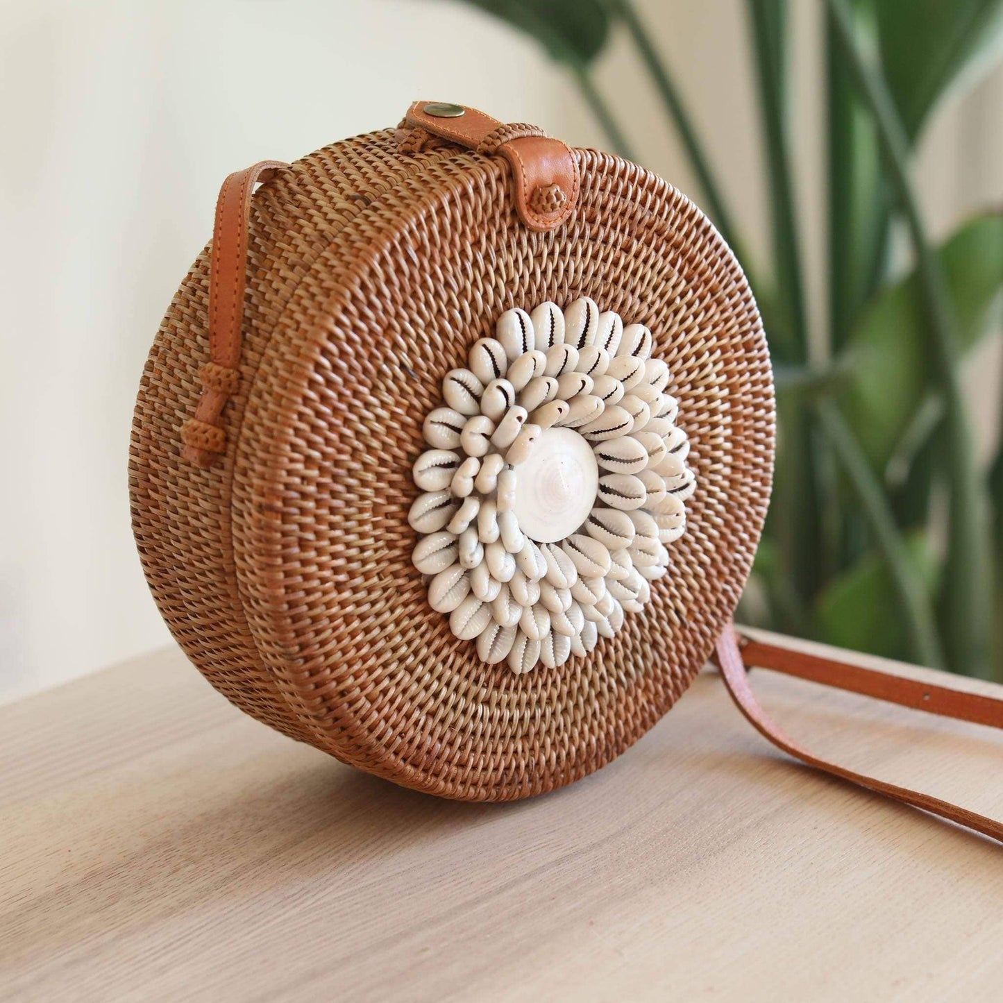 Ganapati Bali Rattan Crossbody Bag with Seashell Embellishment