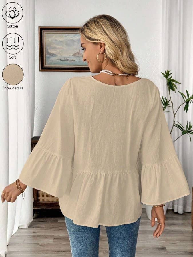 Anna Kaci V Neck Peplum Blouse with Bell Sleeves