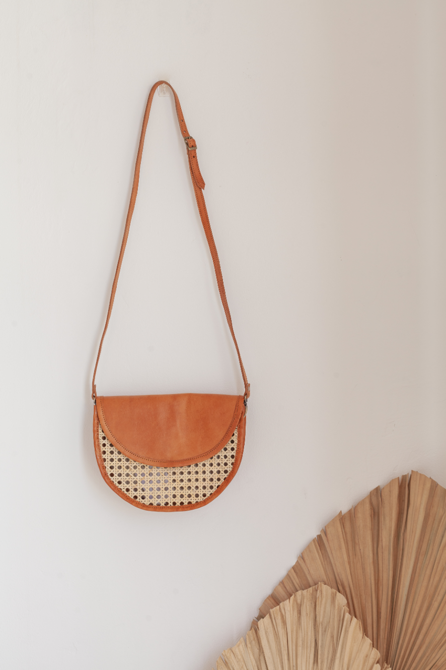 Village Thrive Raja Leather and Cane Crossbody Bag - Camel