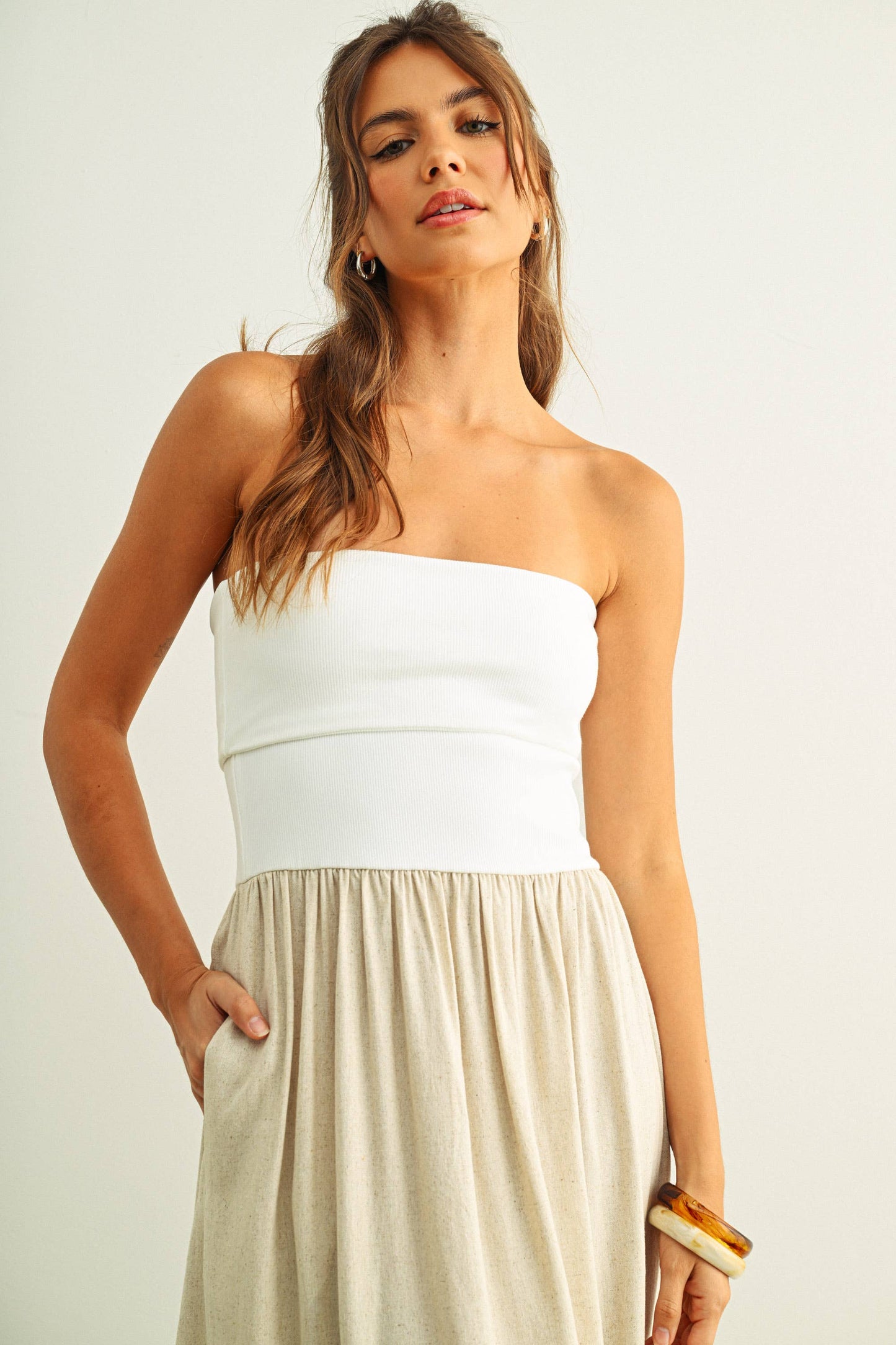 MIOU MUSE LINEN WITH RIBBED KNITTED TOP COMBO DRESS