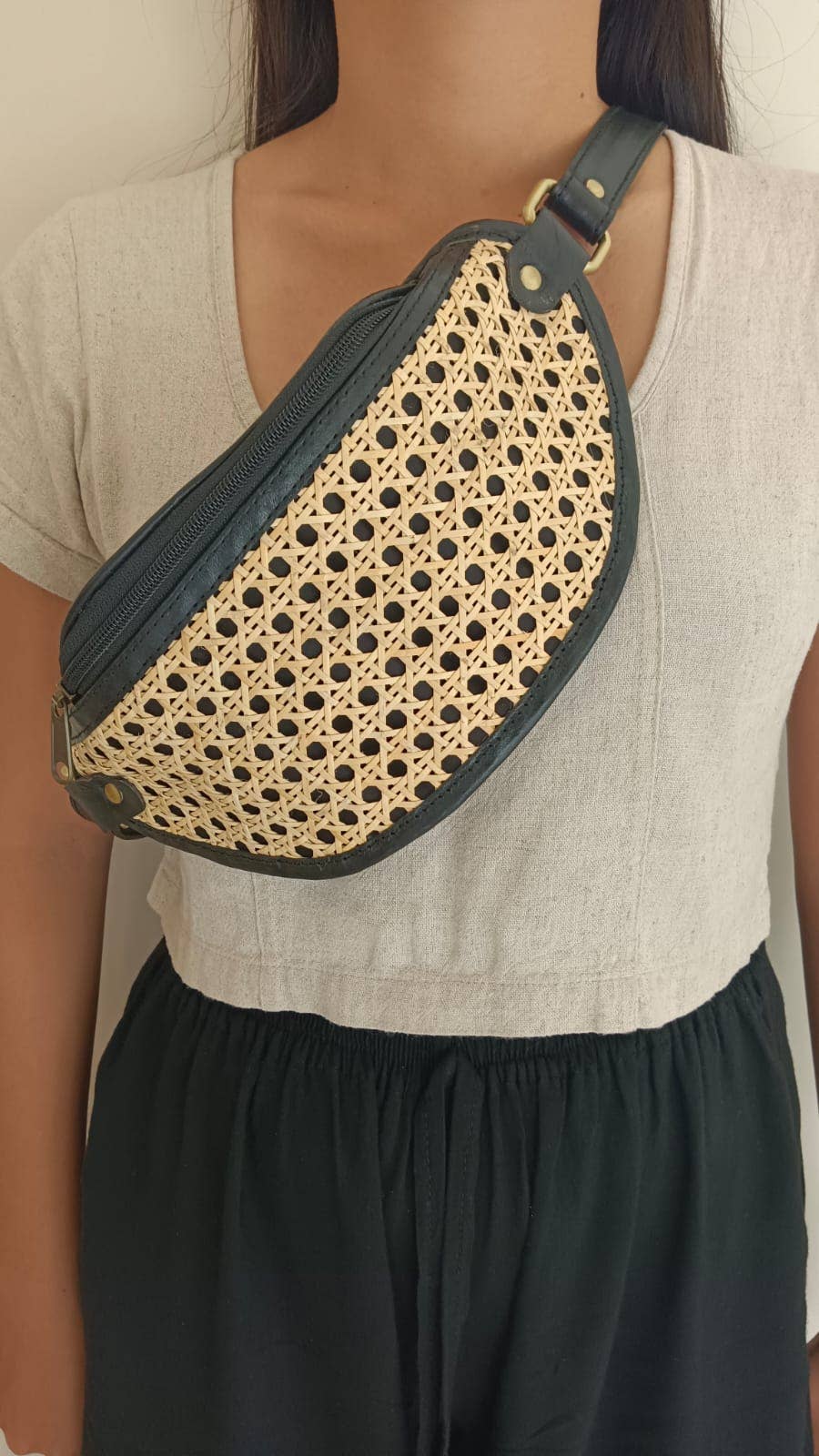 Village Thrive Raja Leather and Cane Sling Bag - Camel