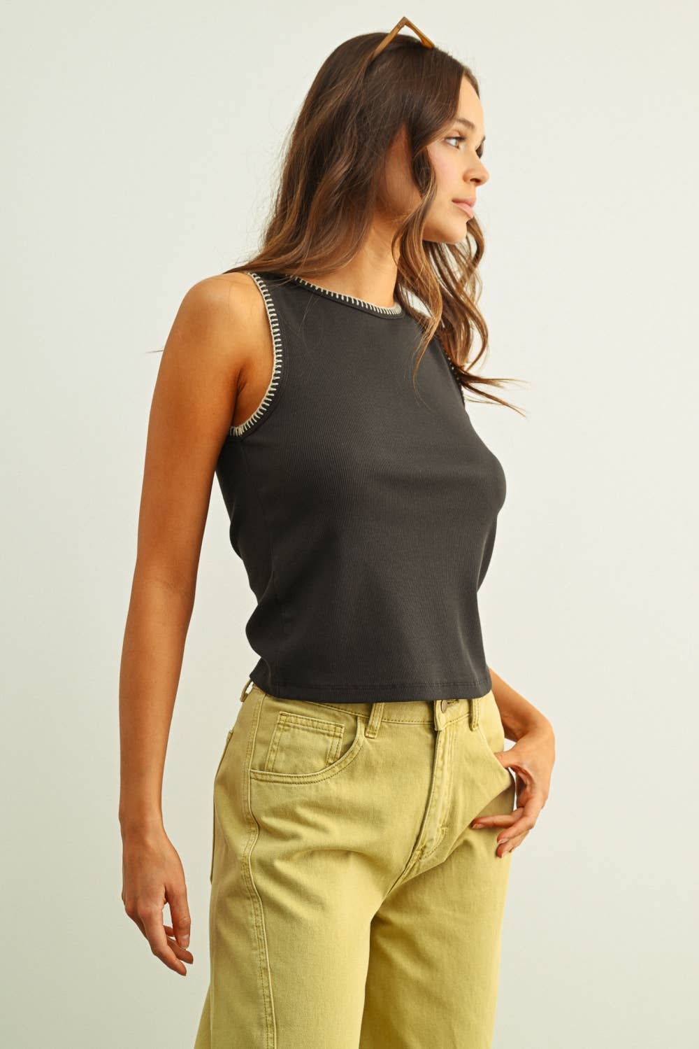 MIOU MUSE MINI RIBBED KNIT TOP WITH STITCH DETAIL
