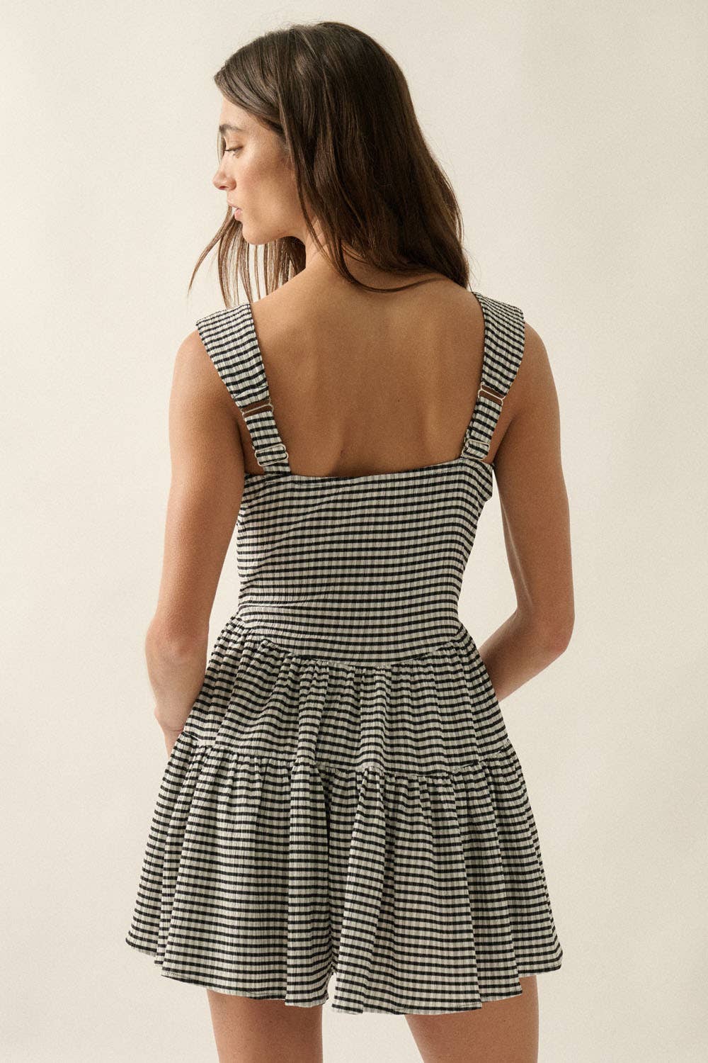 Promesa Gingham Sleeveless Fit-and-Flare Tiered Ruffle Romper