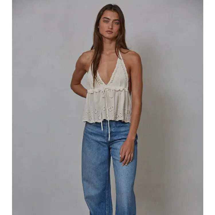 By Together Knit Cotton Eyelet Halter Plunge V-Neck Top