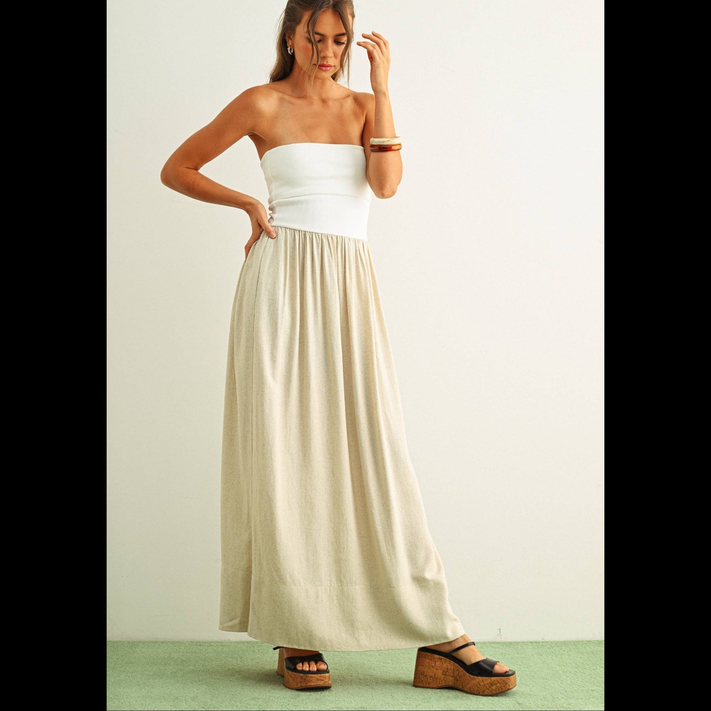 MIOU MUSE LINEN WITH RIBBED KNITTED TOP COMBO DRESS