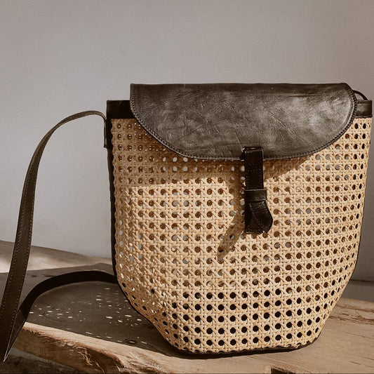 Village Thrive Rumi Leather and Cane Bucket Bag - Black