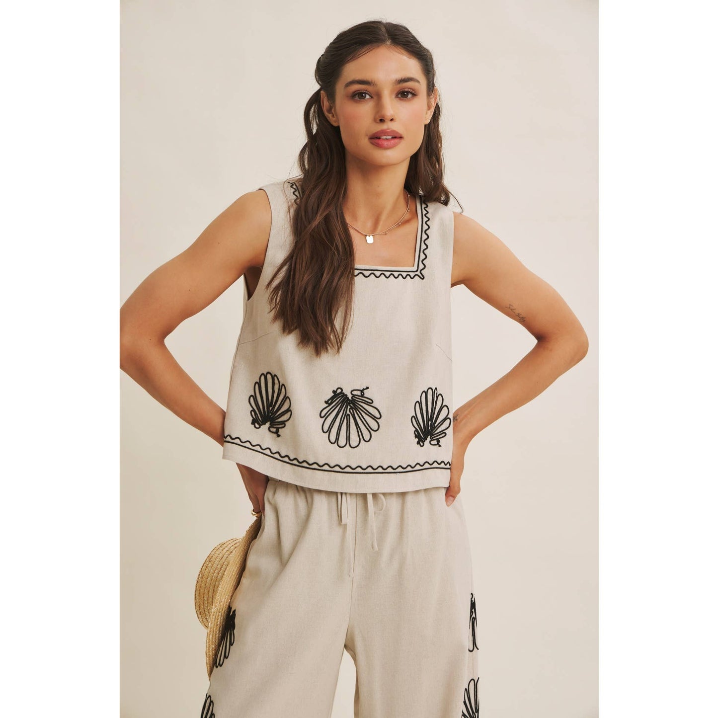In February Coastal Seashell Embroidered Square Neck Top