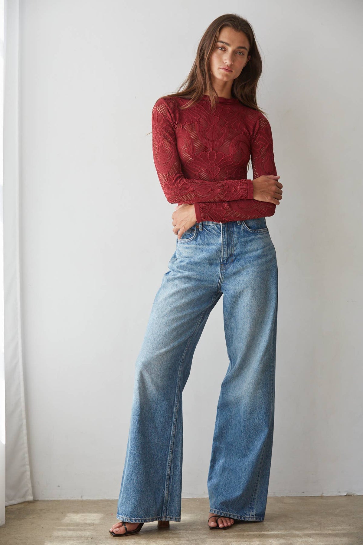 By Together Knit Seamless Jacquard Mock Neck Long Sleeve Top