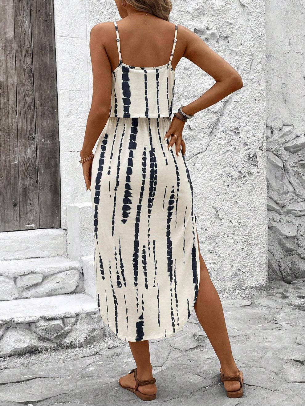 Anna Kaci Printed Spaghetti Strap Layered Bodice Midi Dress