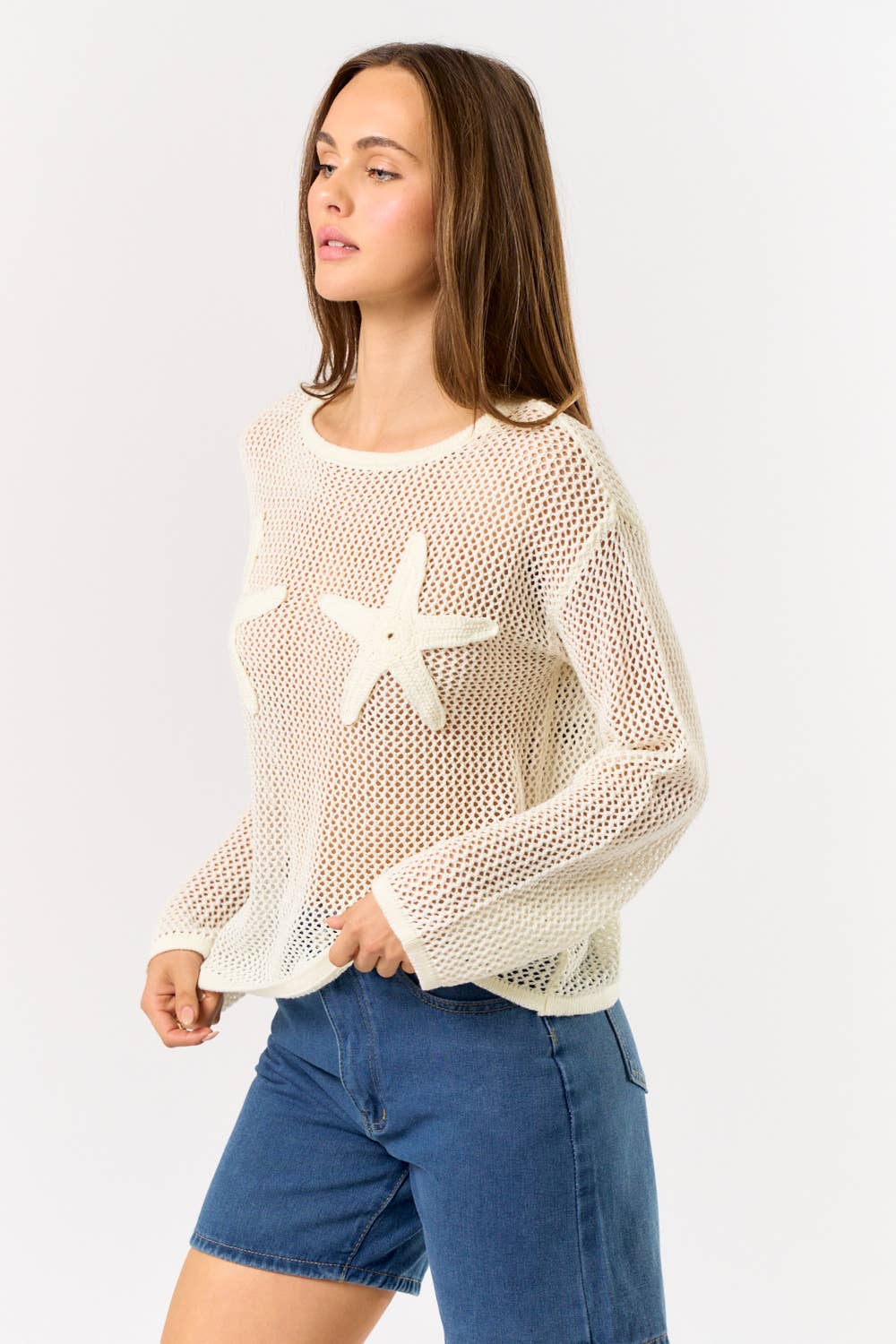 Blue Blush Starfish Crochet Long Sleeve Sheer Top