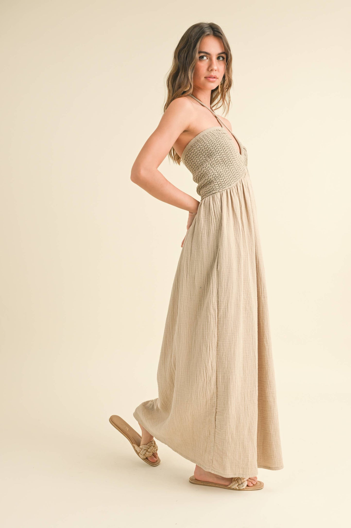 MIOU MUSE WASHED GAUZE WITH CROCHET TOP CONTRAST DRESS