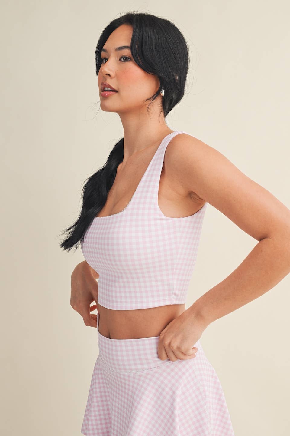 KIMBERLY C Gingham Print Crop Tank with Lace Trim