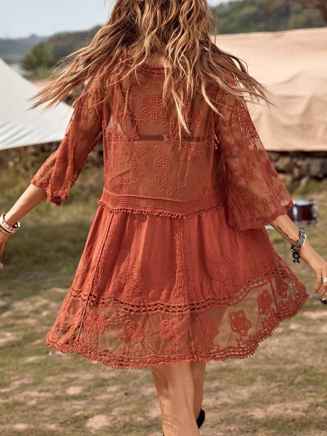 Anna Kaci  Embroidered Lace V Neck Bikini Cover Up