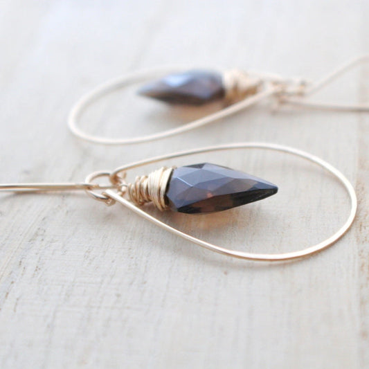 Saressa Designs Rose Gold Arrow Hoops - Smoky Quartz