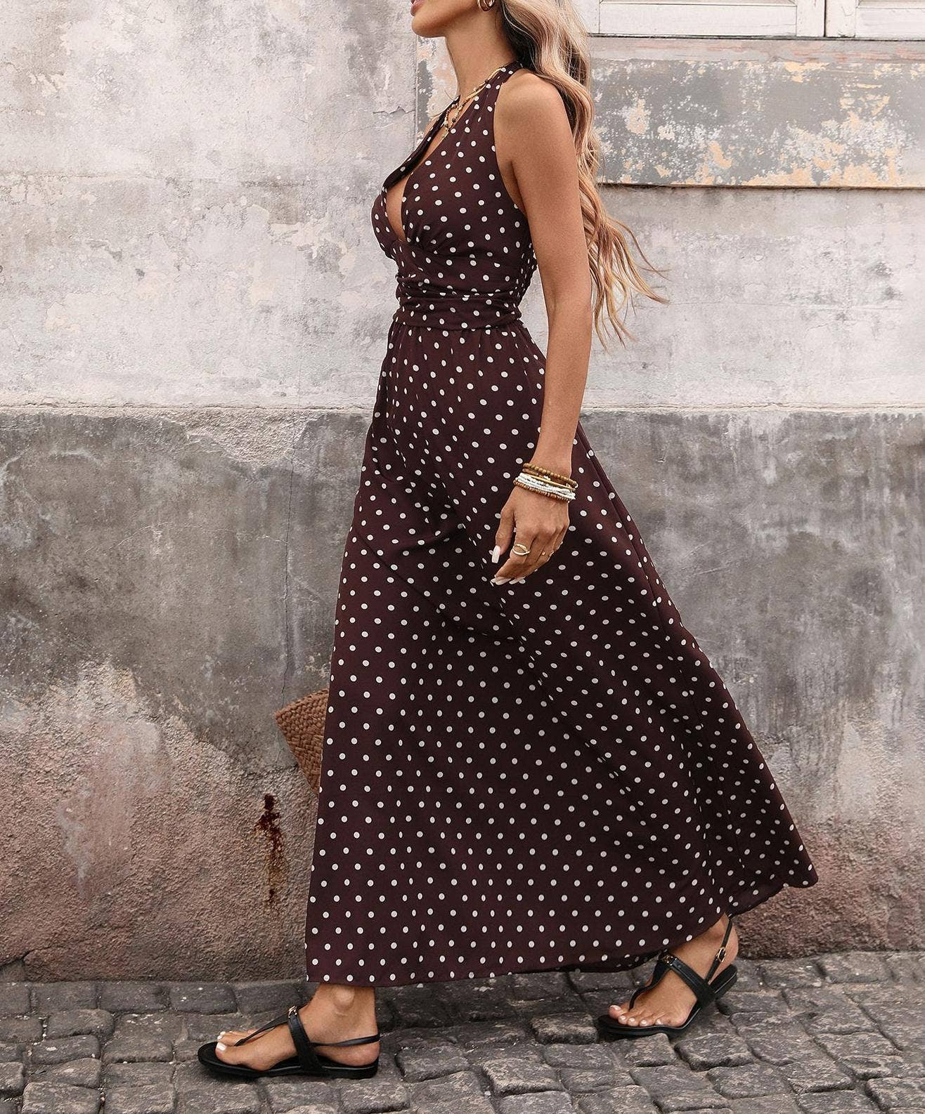 Anna Kaci Polka Dot Halter Maxi Dress