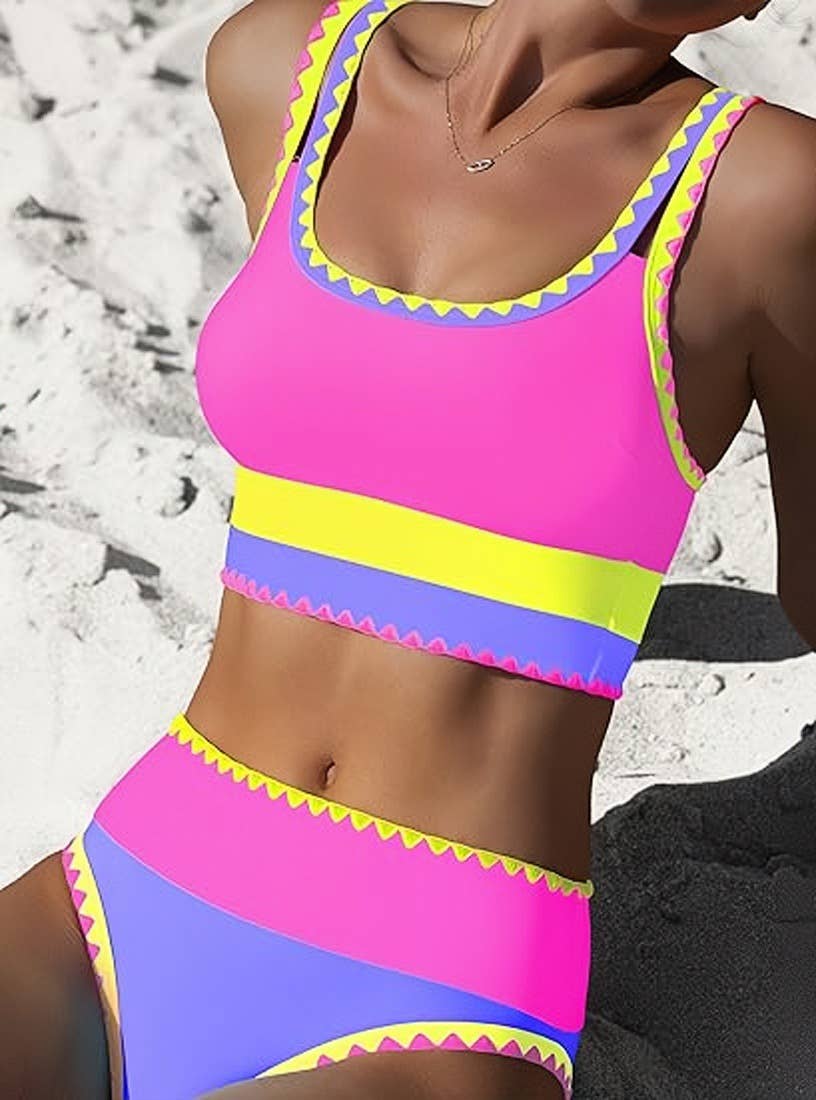 Anna Kaci Colorblock High Waisted Bikini Bottom