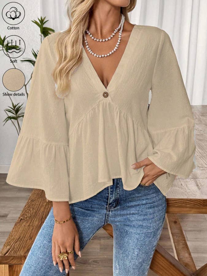 Anna Kaci V Neck Peplum Blouse with Bell Sleeves