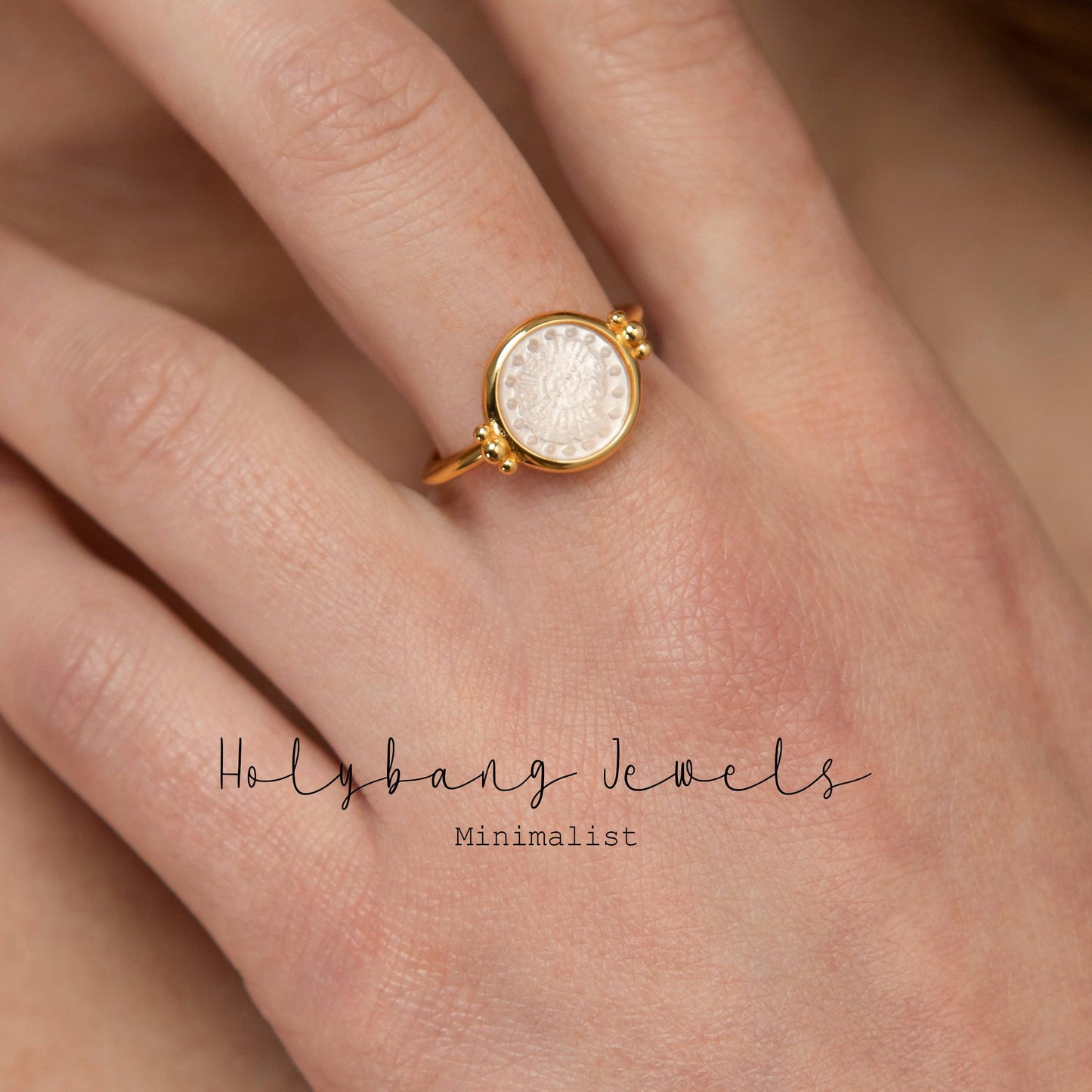 HolyBang Jewels Mother of Pearl Fossil Signet Ring - Gold