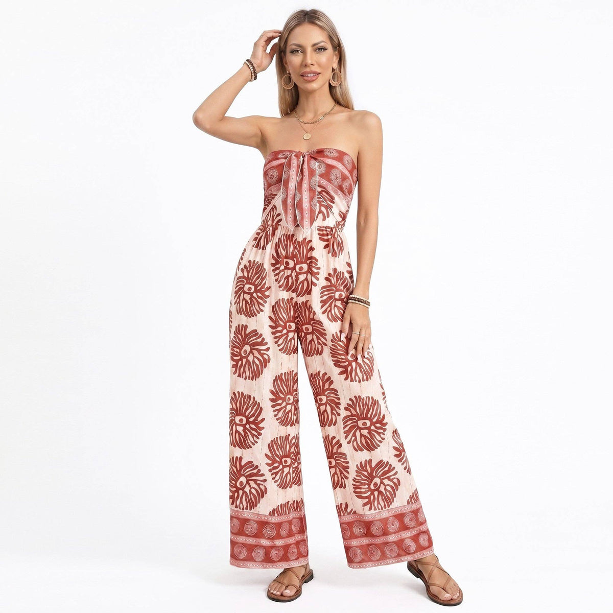Anna Kaci Strapless Wide Leg Jumpsuit with Tie Front Bodice and Print