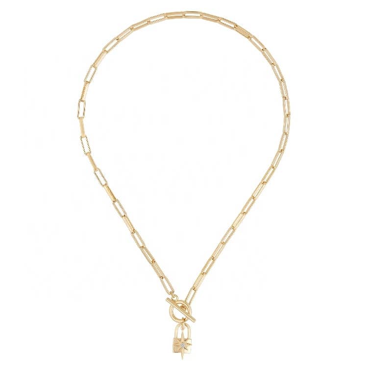 HolyBang Jewels Padlock and Star and Star Charm Toggle Necklace - Gold