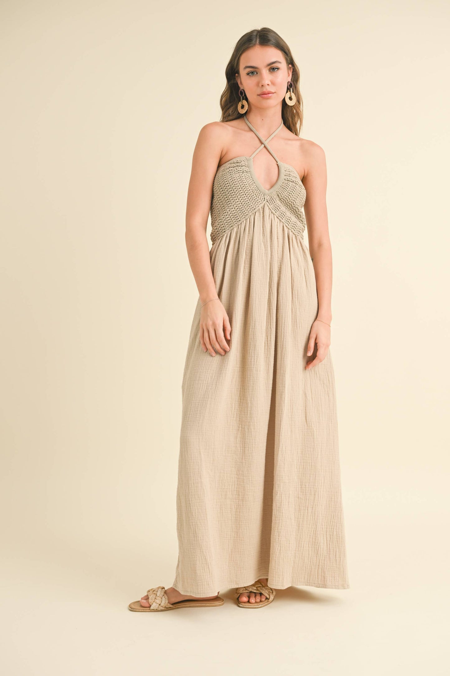 MIOU MUSE WASHED GAUZE WITH CROCHET TOP CONTRAST DRESS