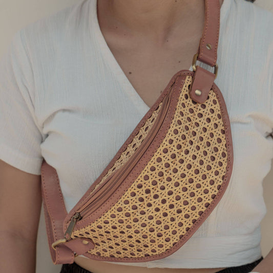 Village Thrive Raja Leather and Cane Sling Bag - Camel