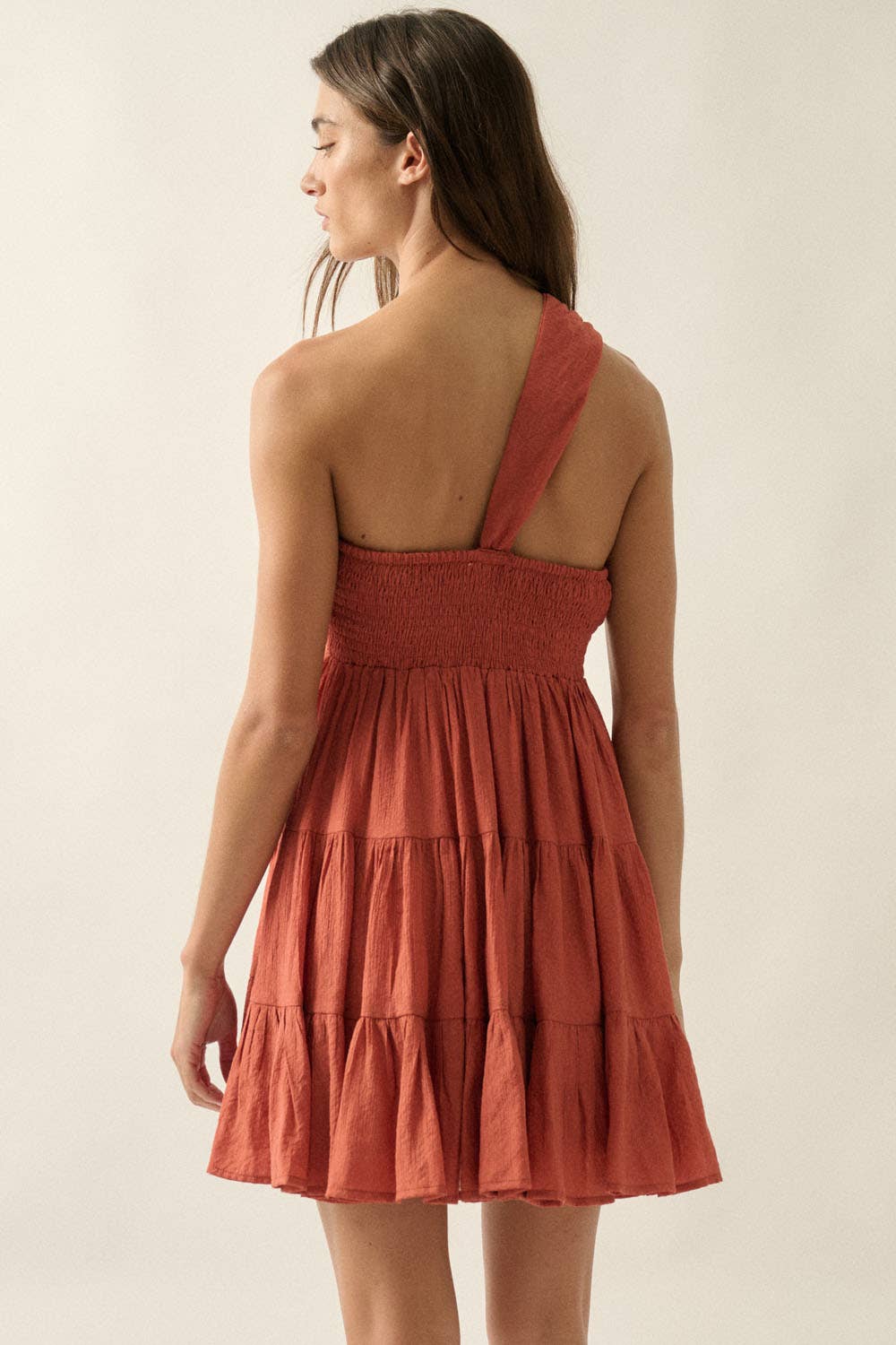 Promesa Jacquard Asymmetrical One-Shoulder Tiered Keyhole Mini Dress