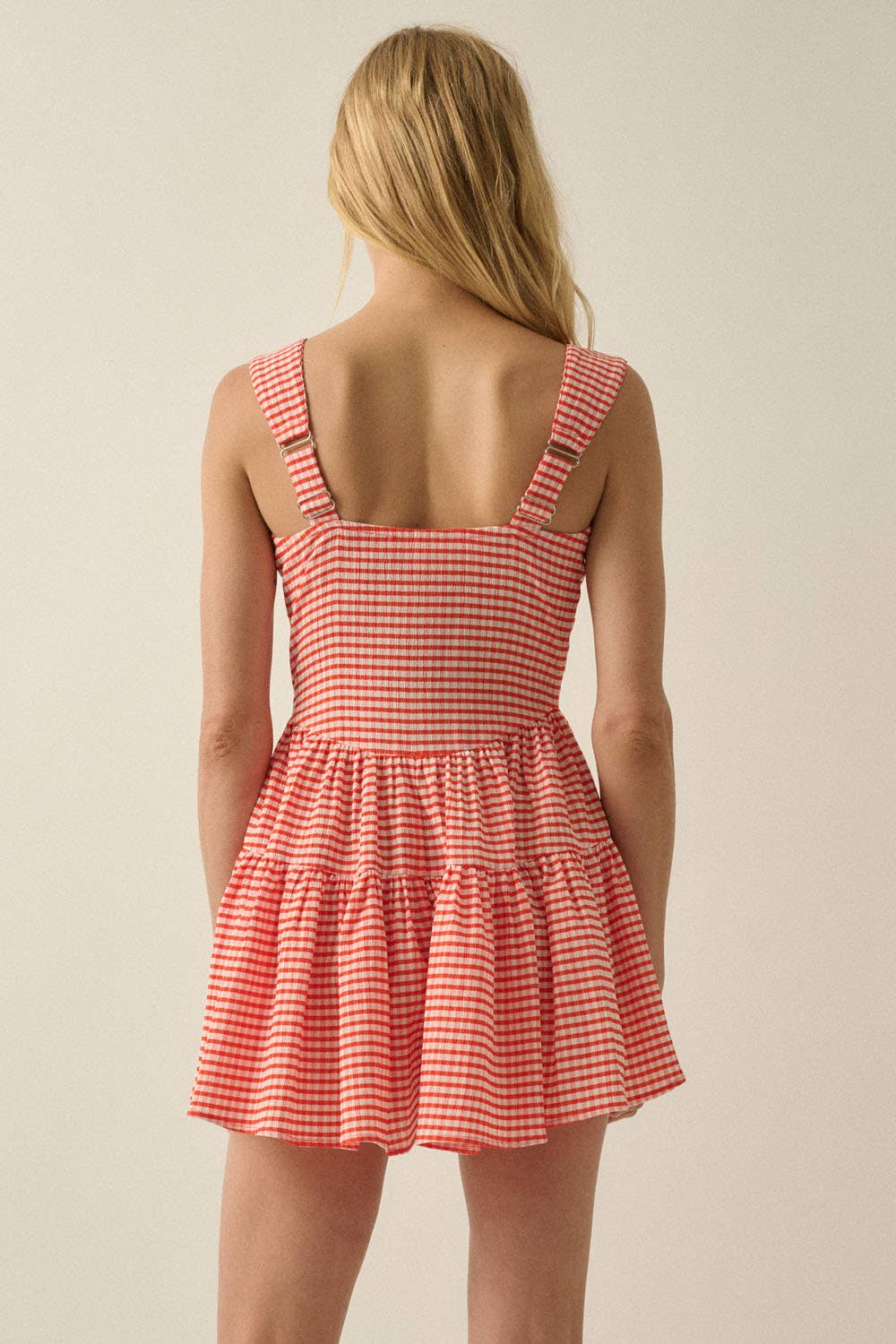 Promesa Gingham Sleeveless Fit-and-Flare Tiered Ruffle Romper