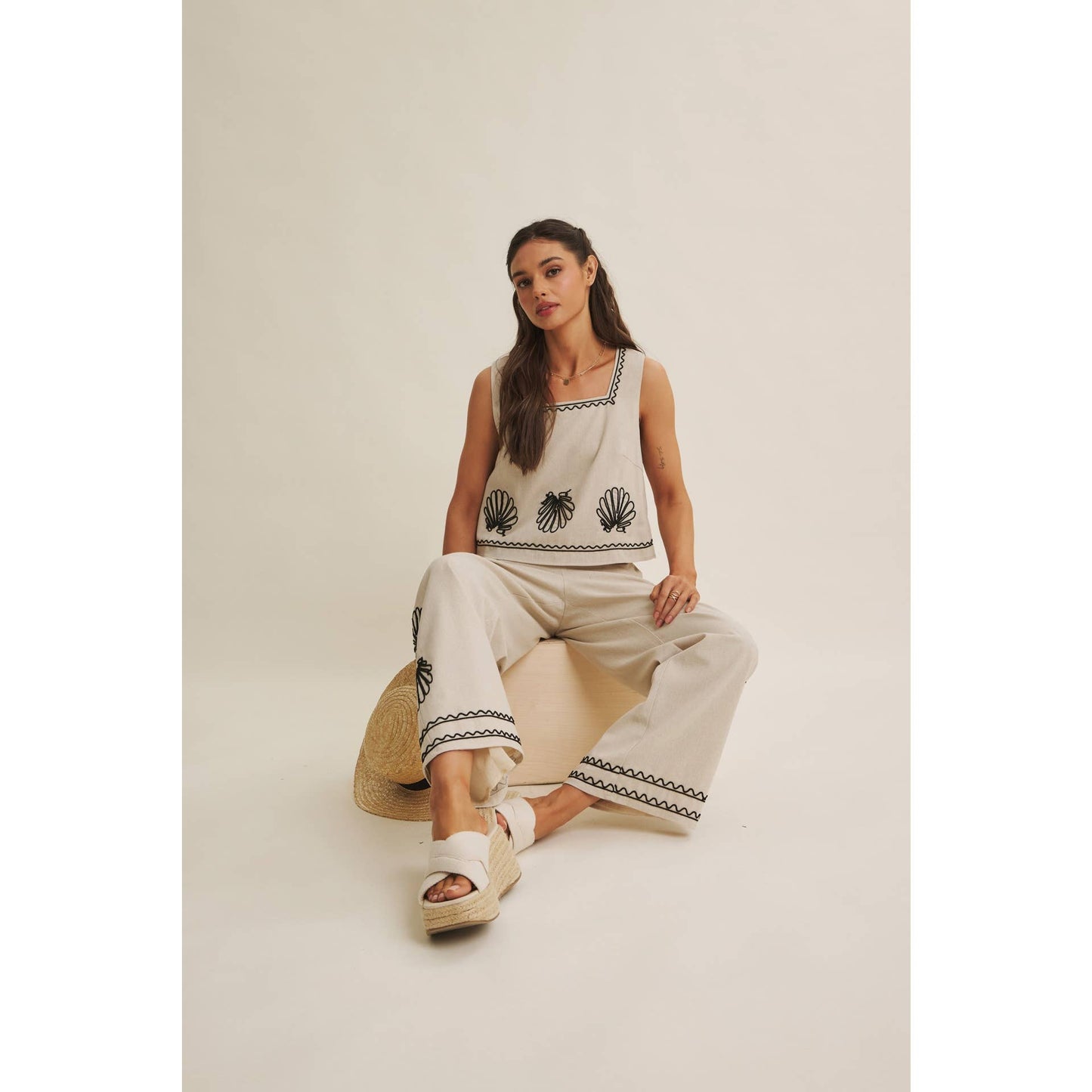 In February Coastal Seashell Embroidered Square Neck Top