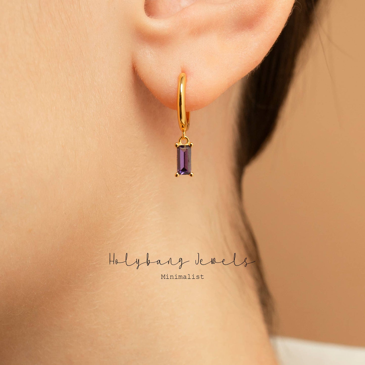 HolyBang Jewels Amethyst Beguette Cut Dangle Hoop - Gold