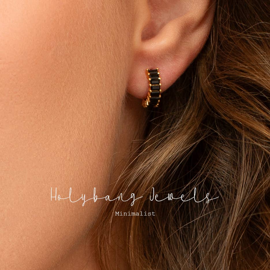 HolyBang Jewels Black Baguette Huggie Earrings  - Silver