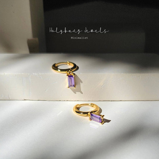 HolyBang Jewels Amethyst Beguette Cut Dangle Hoop - Gold
