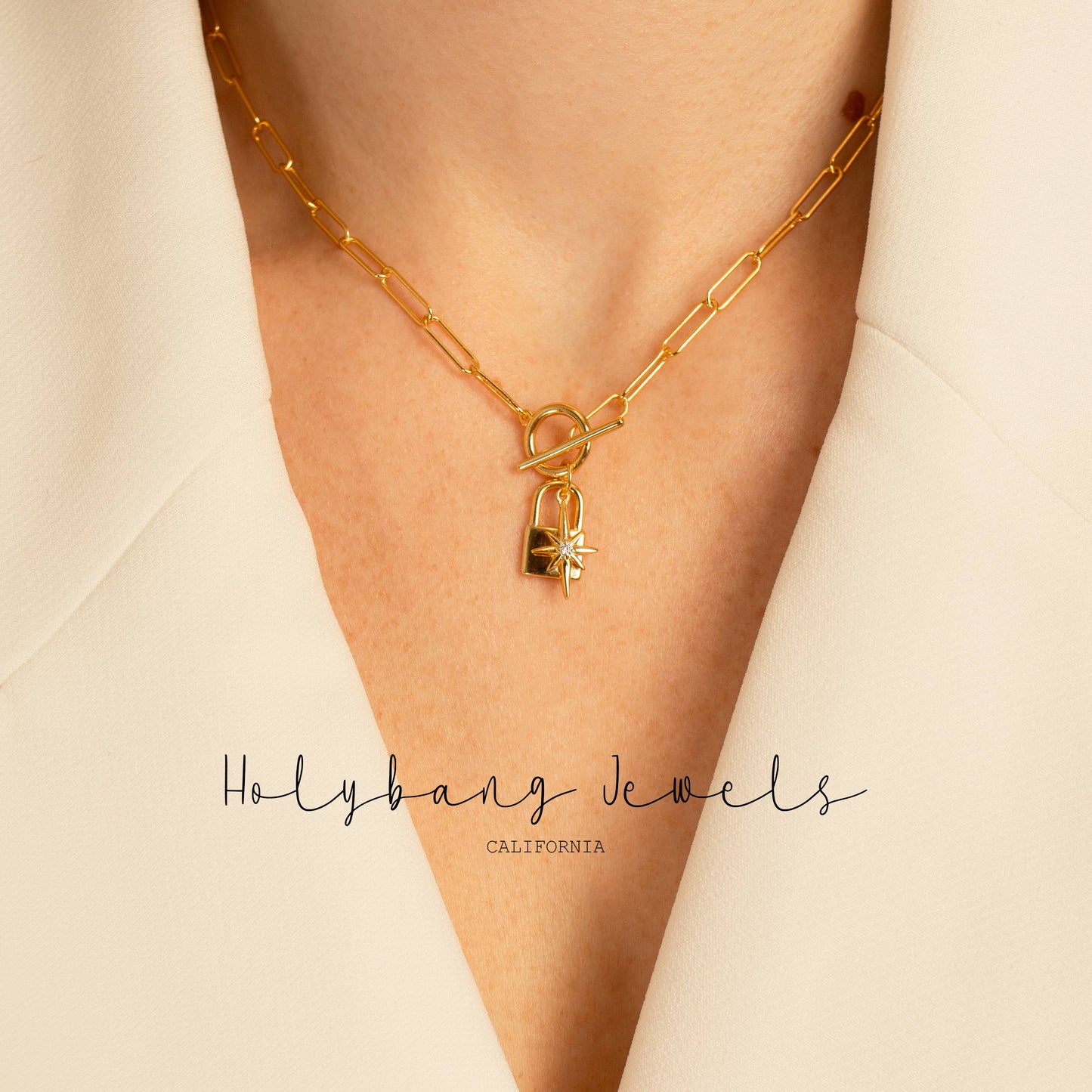 HolyBang Jewels Padlock and Star and Star Charm Toggle Necklace - Gold