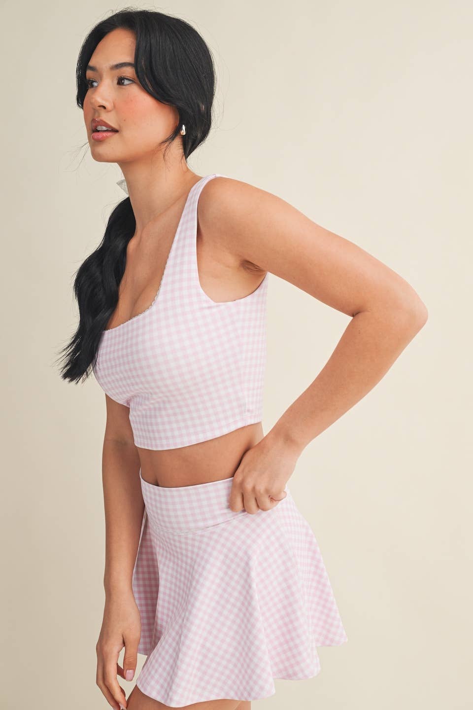 KIMBERLY C Gingham Print Crop Tank with Lace Trim