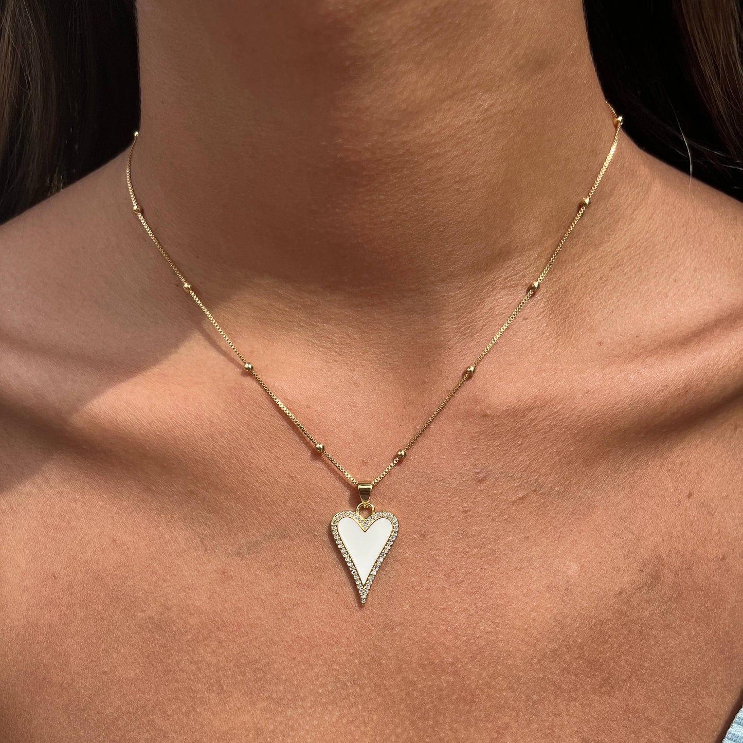 Mali Beads Dainty White Enamel Heart Necklace – Gold Filled Minimal Jewelry: 16" / Pattern Box Chain