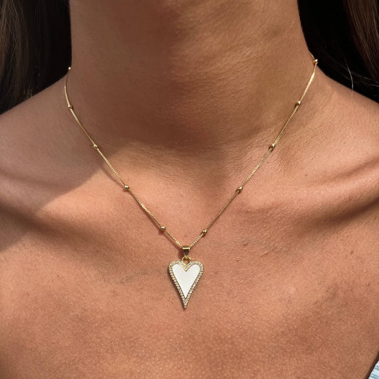 Mali Beads Dainty White Enamel Heart Necklace – Gold Filled Minimal Jewelry: 16" / Pattern Box Chain