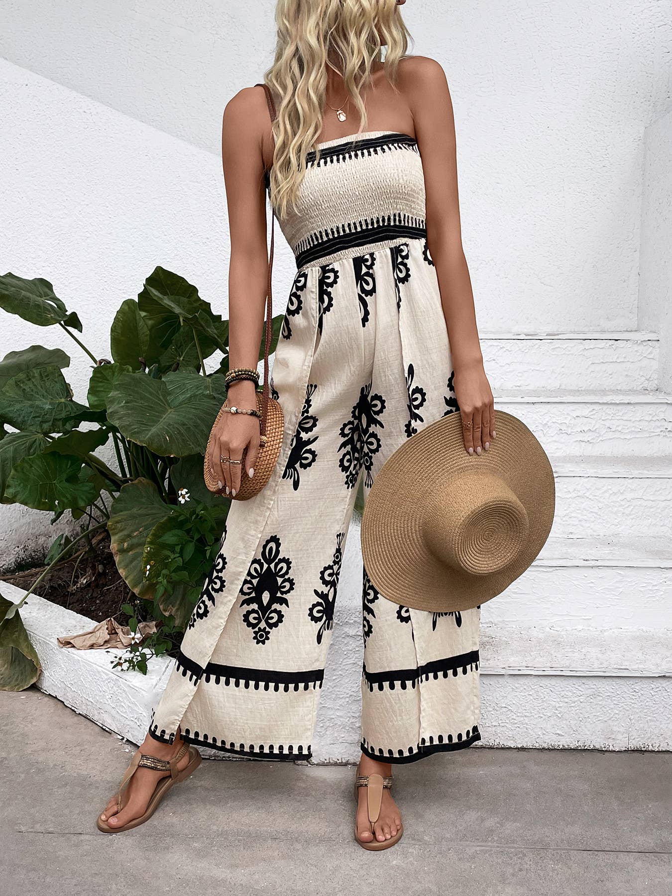 Anna Kaci Smocked Strapless Jumpsuit