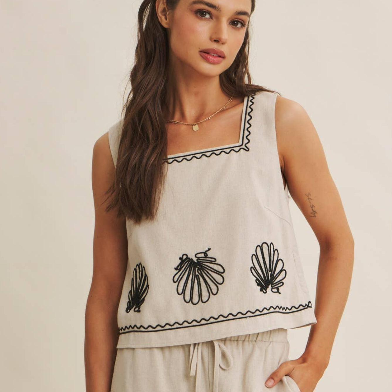 In February Coastal Seashell Embroidered Square Neck Top
