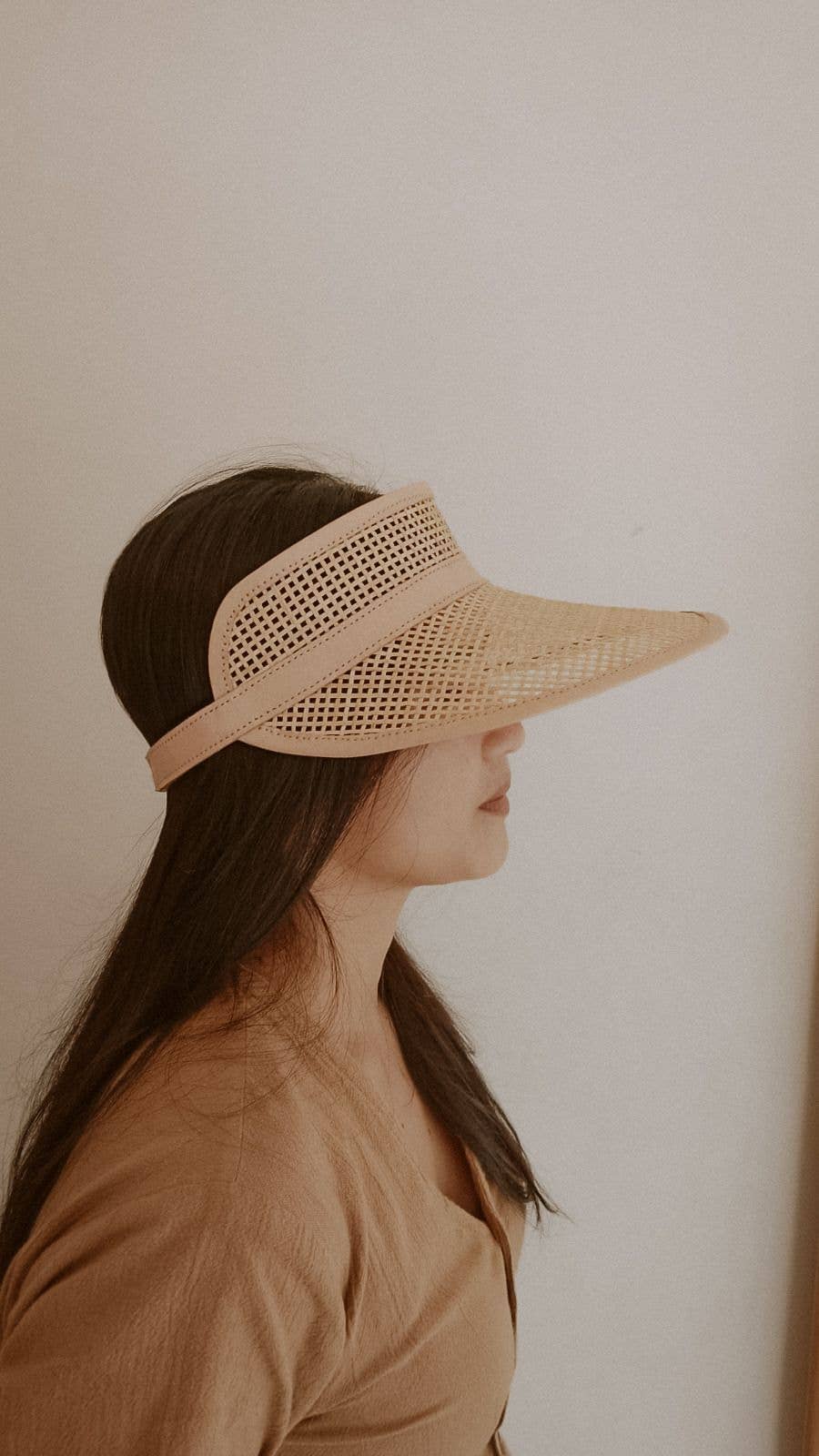 Village Thrive Sumi Leather and Rattan Sun Visor - Camel