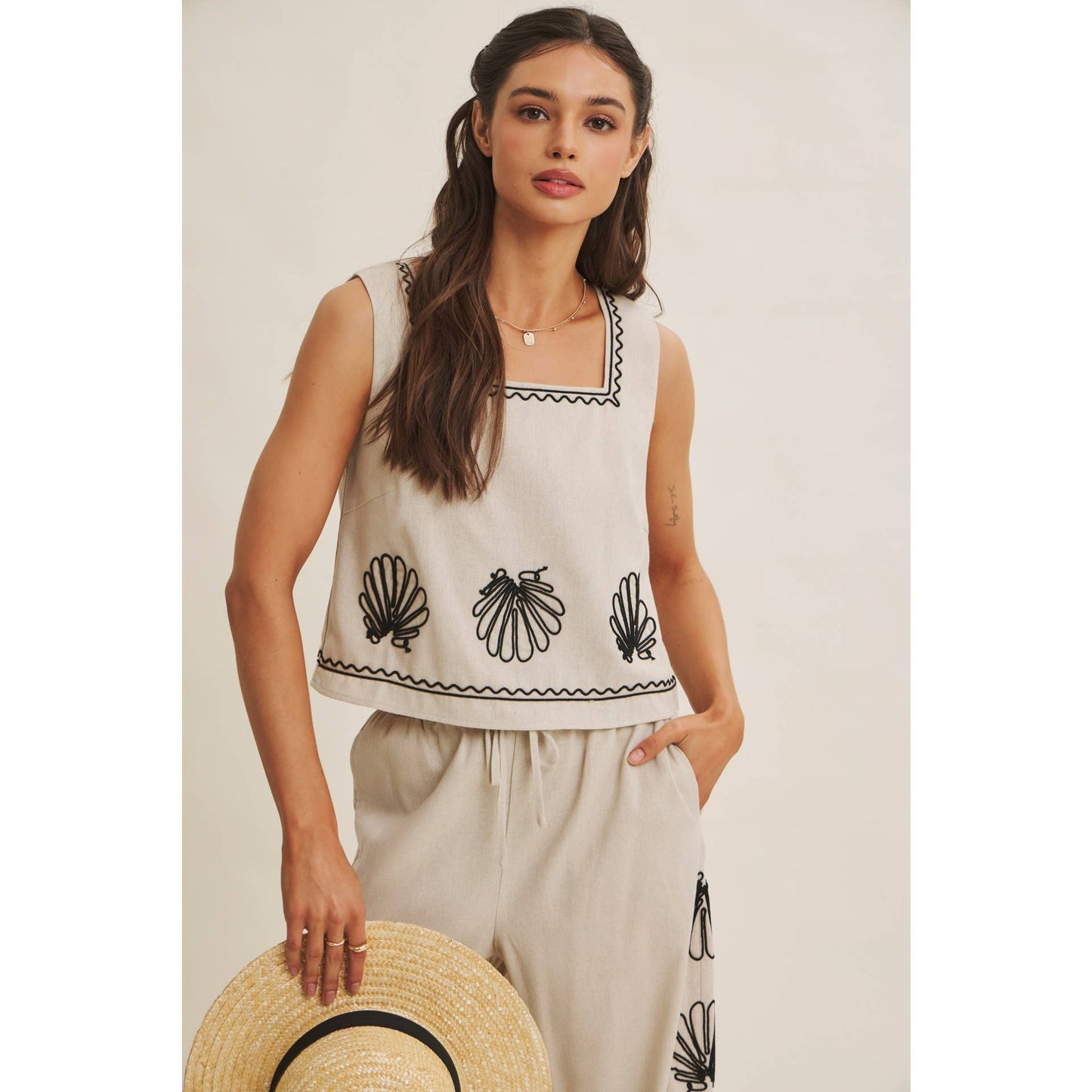 In February Coastal Seashell Embroidered Square Neck Top