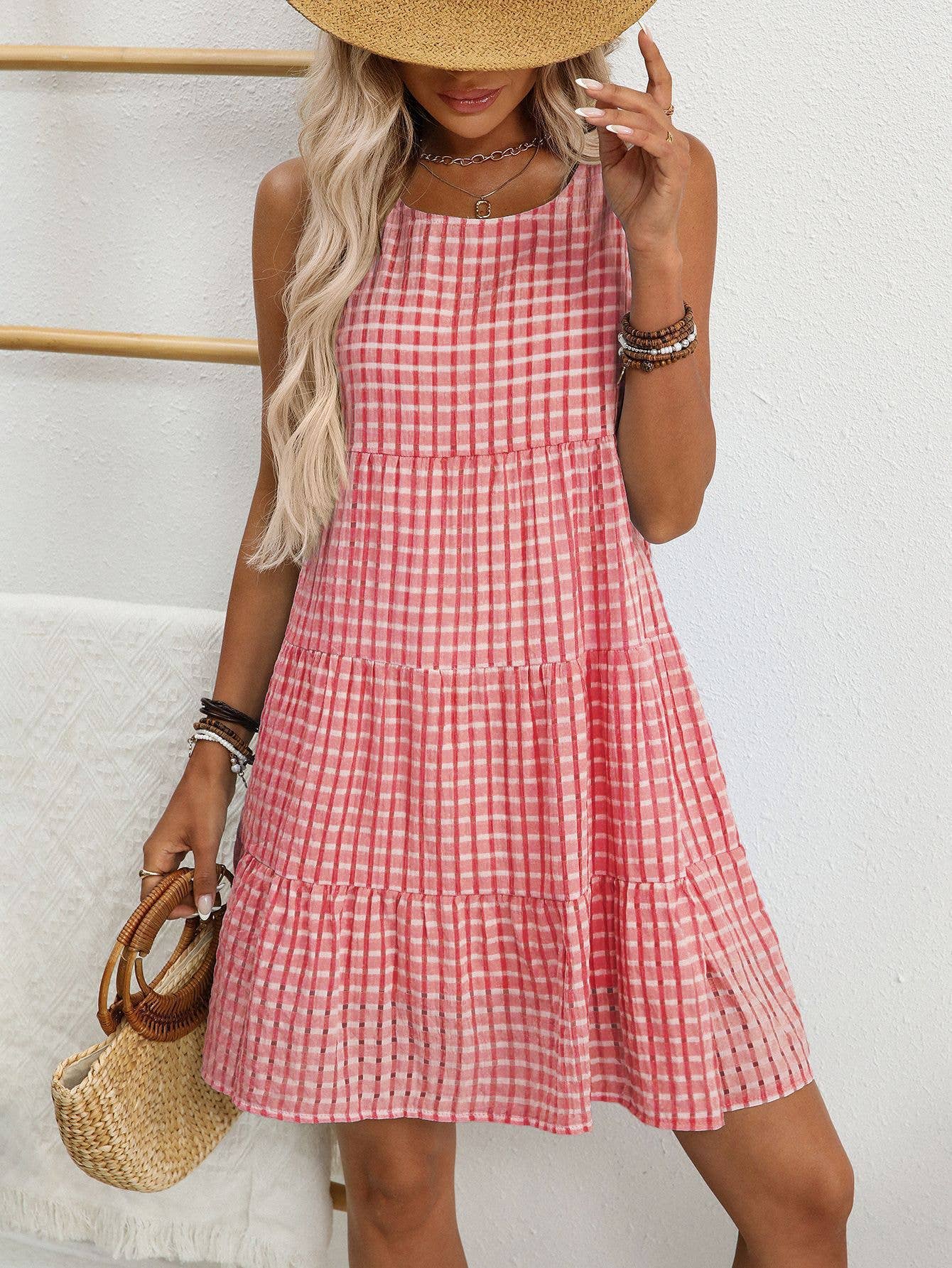 Anna Kaci Checkered Tiered Sleeveless Mini Dress