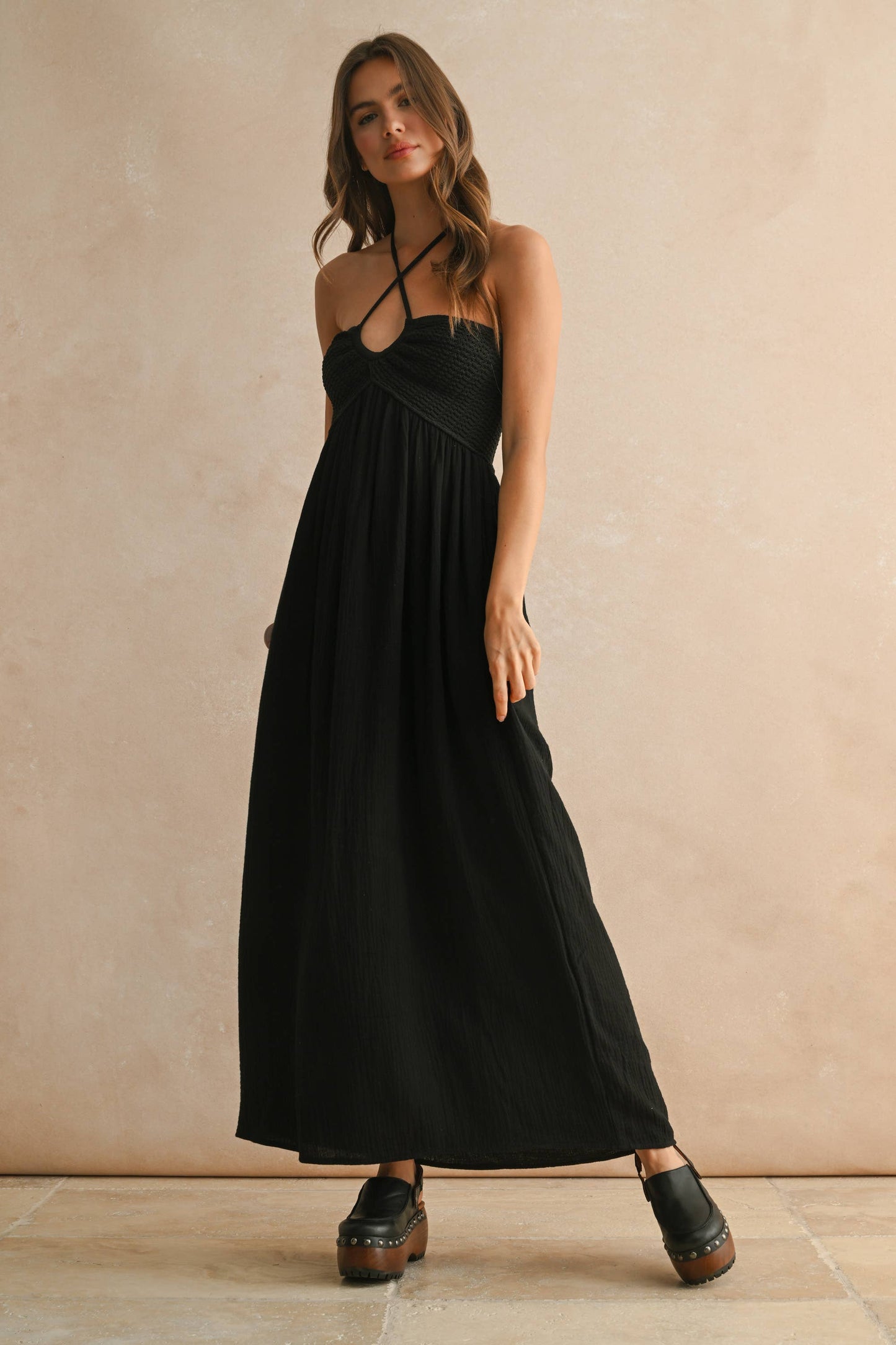MIOU MUSE WASHED GAUZE WITH CROCHET TOP CONTRAST DRESS