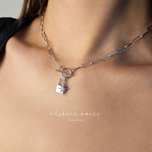 HolyBang Jewels Padlock and Star and Star Charm Toggle Necklace - Silver