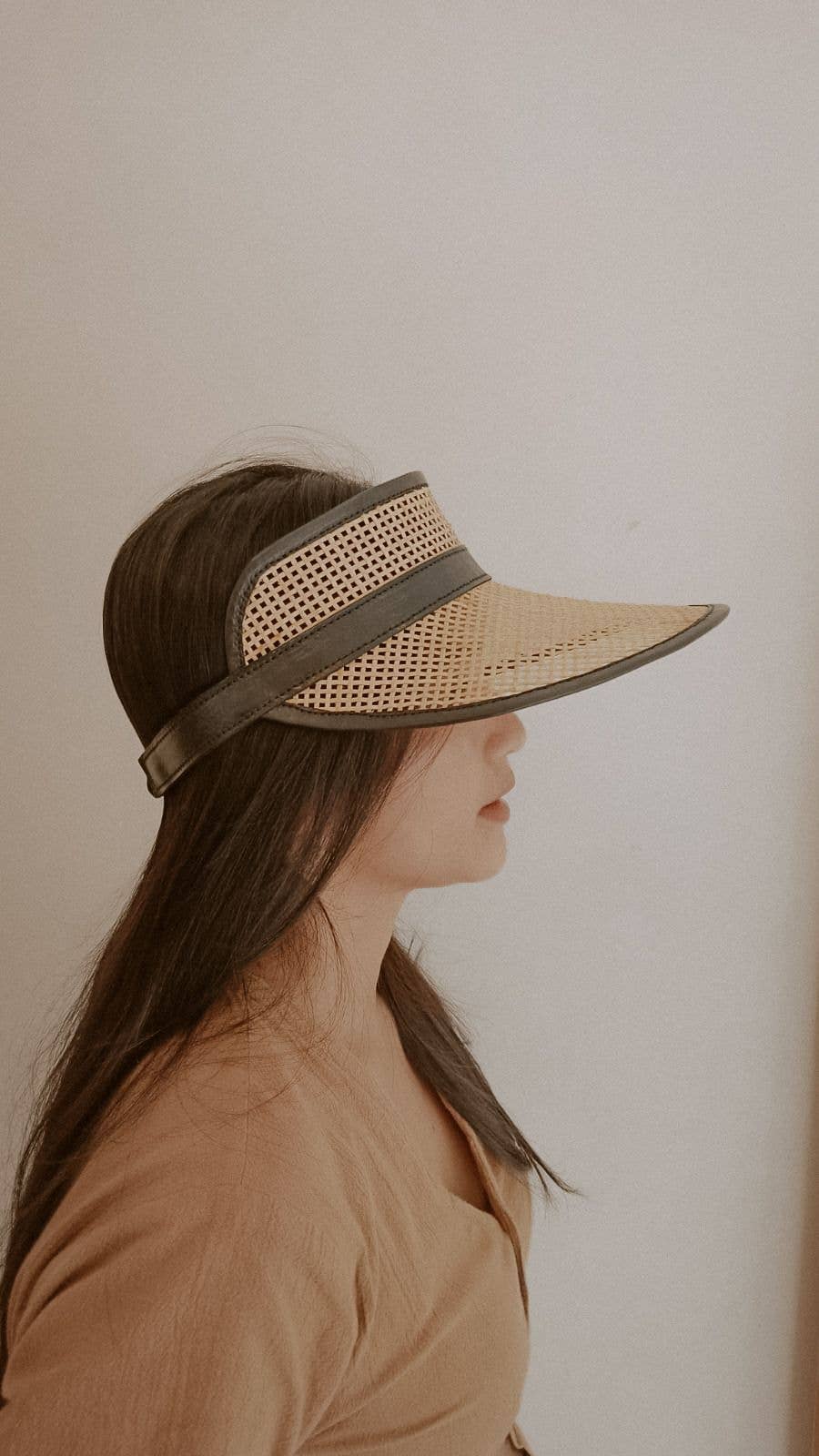 Village Thrive Sumi Leather and Rattan Sun Visor - Camel