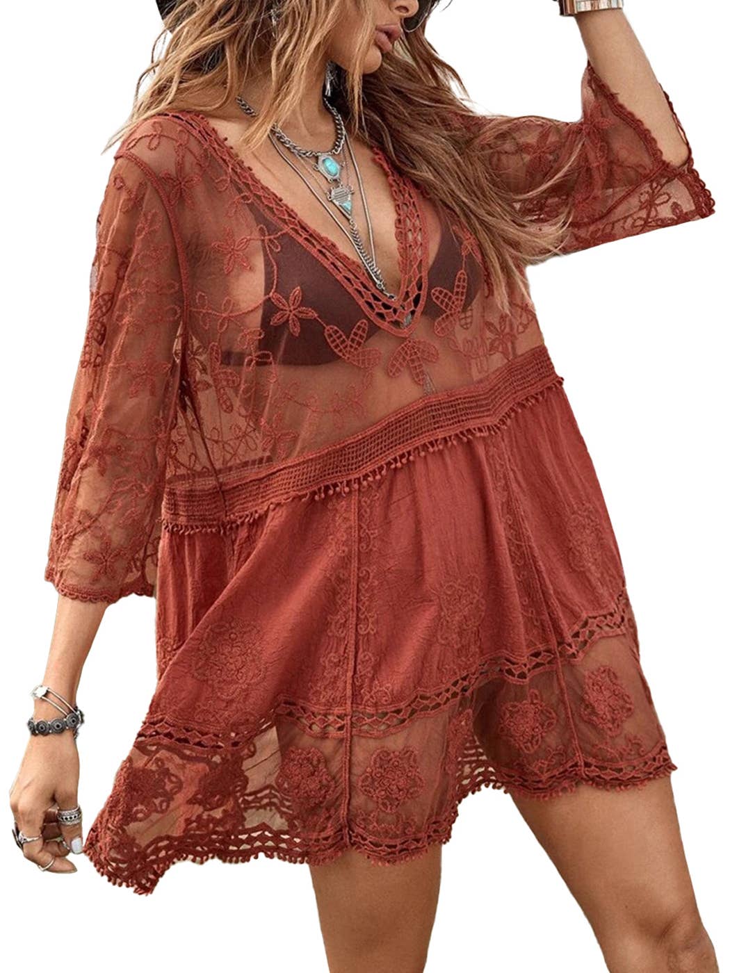 Anna Kaci  Embroidered Lace V Neck Bikini Cover Up
