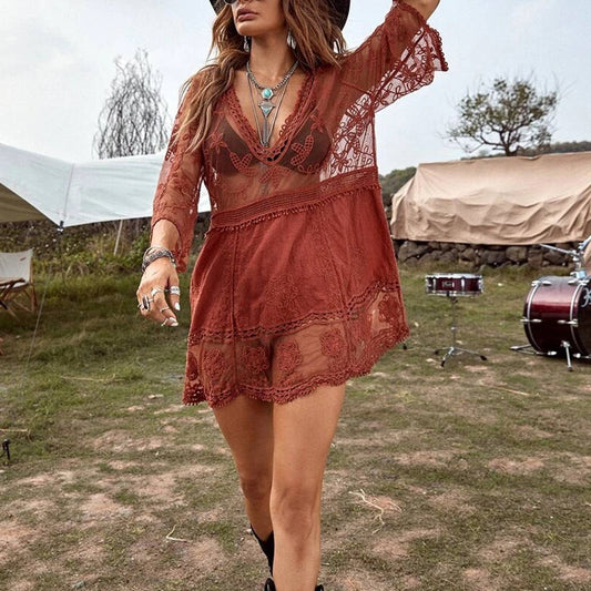 Anna Kaci  Embroidered Lace V Neck Bikini Cover Up