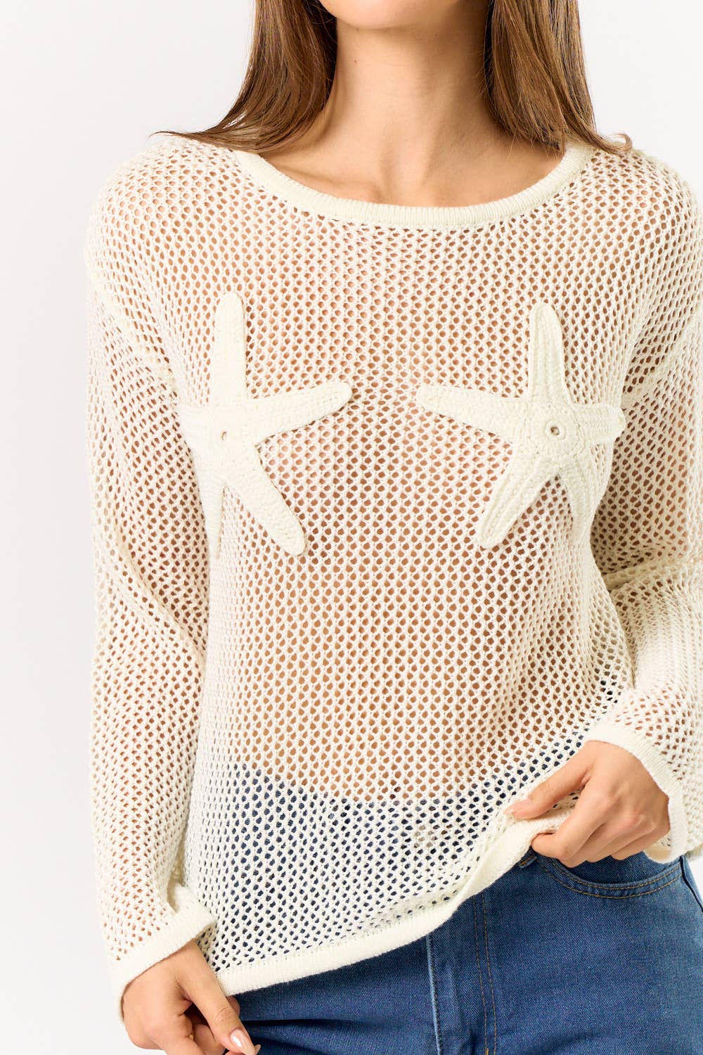 Blue Blush Starfish Crochet Long Sleeve Sheer Top
