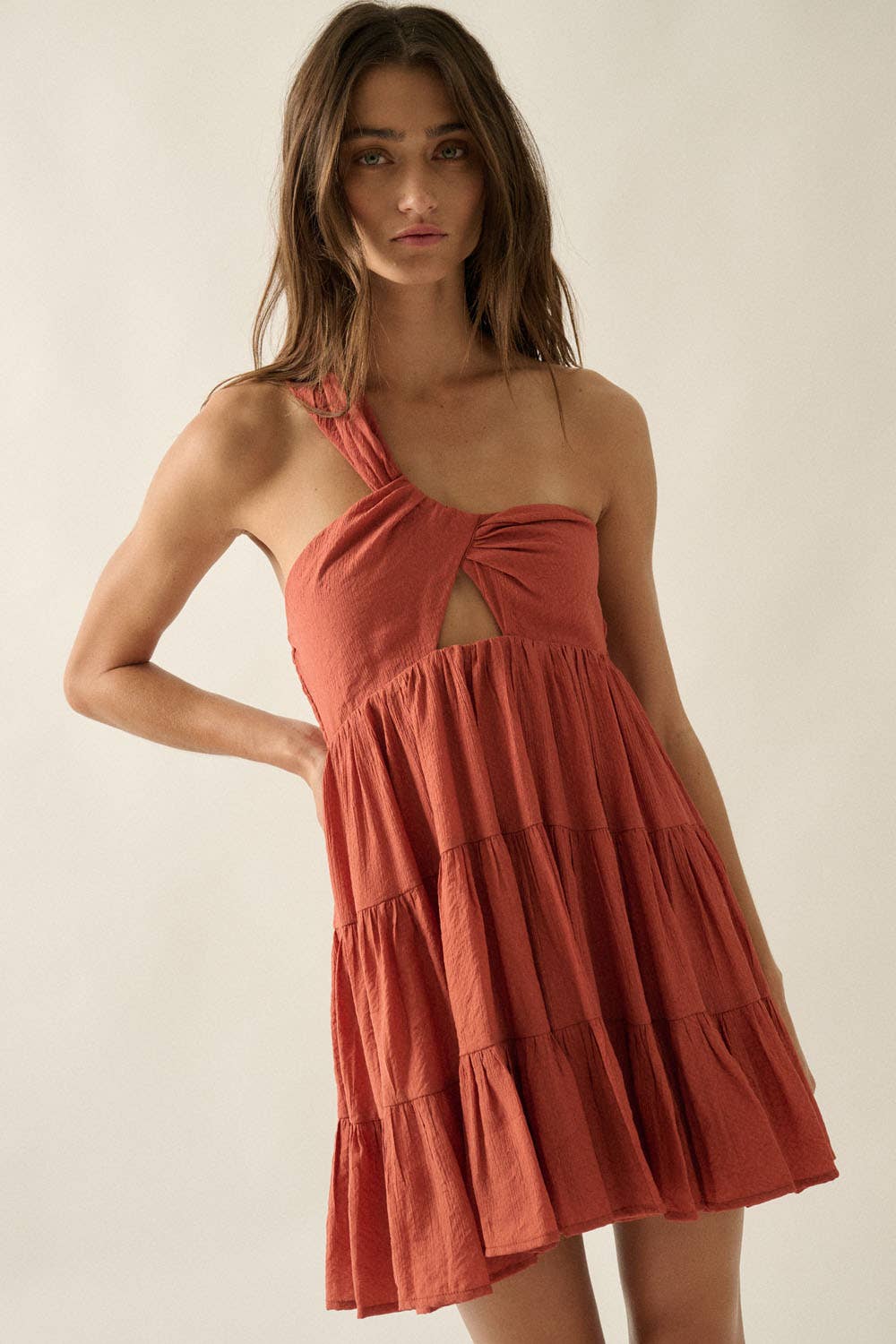 Promesa Jacquard Asymmetrical One-Shoulder Tiered Keyhole Mini Dress